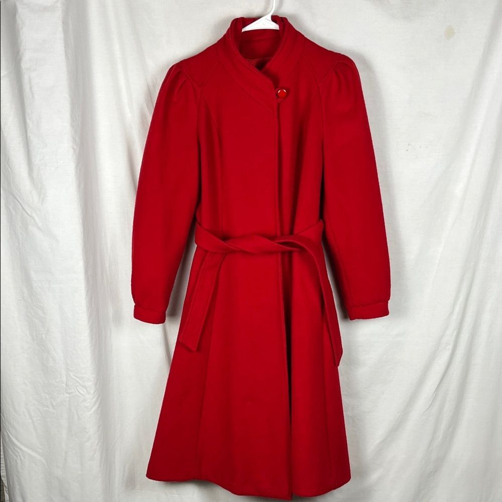 Vintage Wool Blend Red Winter Pea Coat with Belt